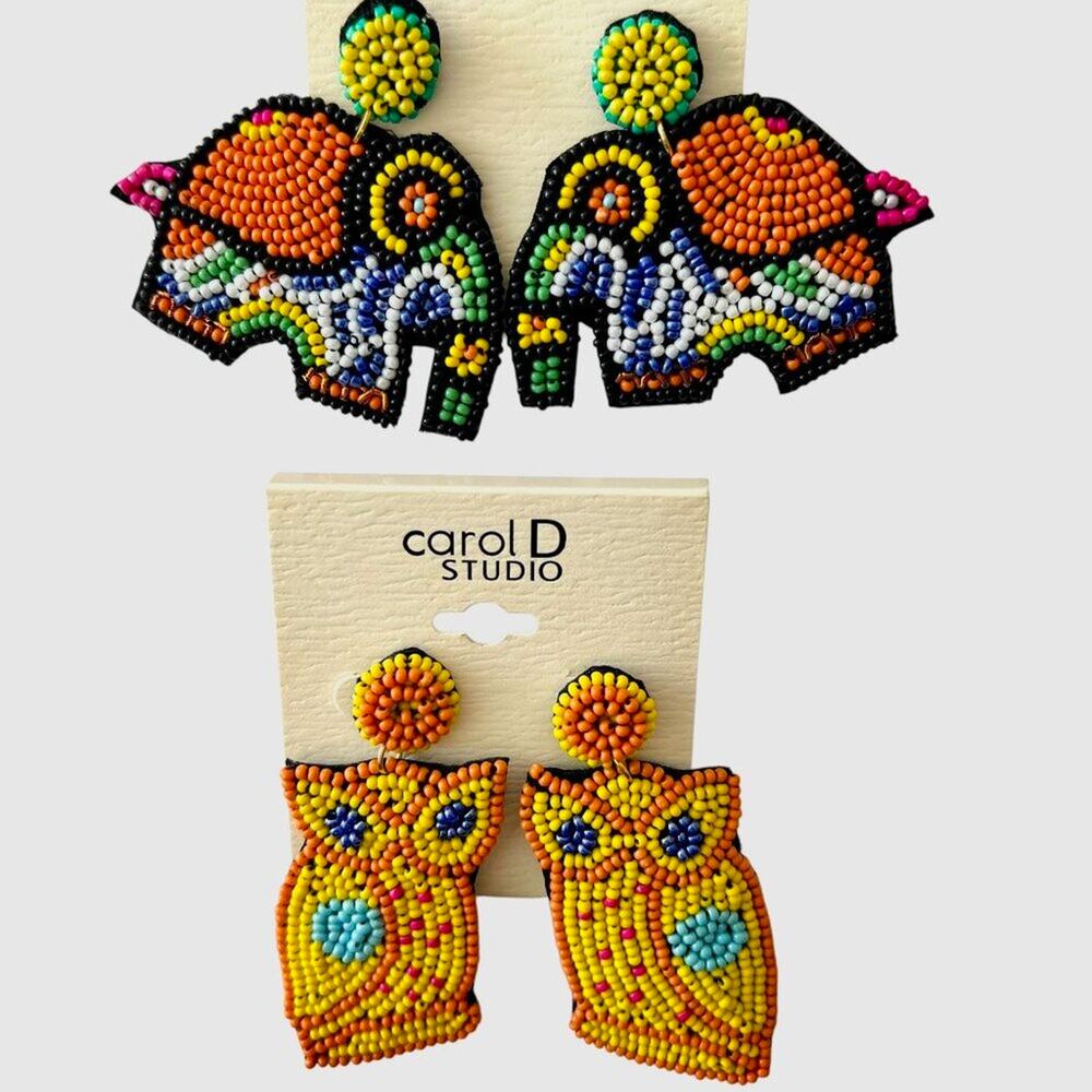 Set of Earrings Lightweight Felt Statement Fall Jewelry Owl Beaded Elephant Boho